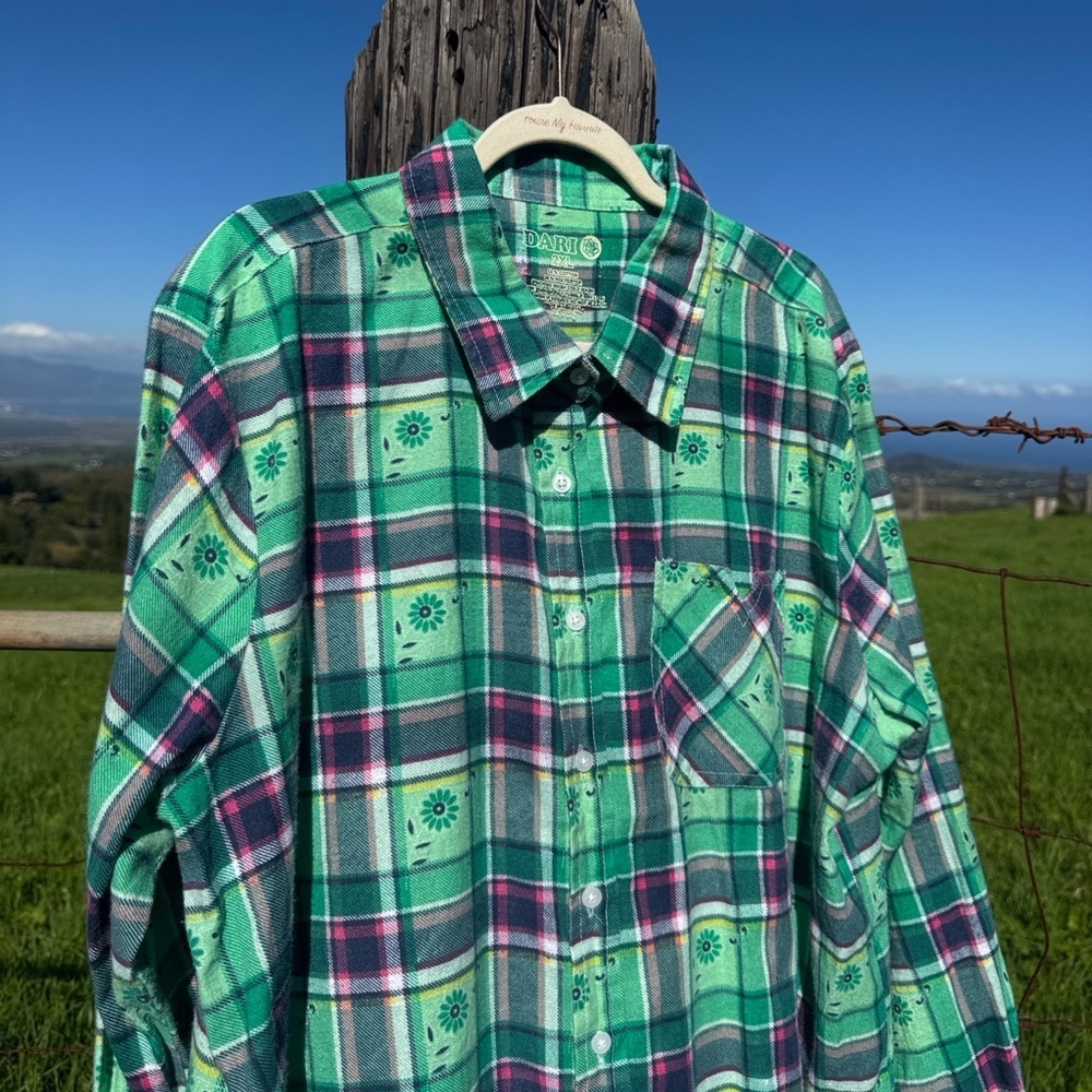 Dari Green Pink Plaid Flannel Button up Cottage Cabin Outdoors Western 2X - Picture 2 of 4
